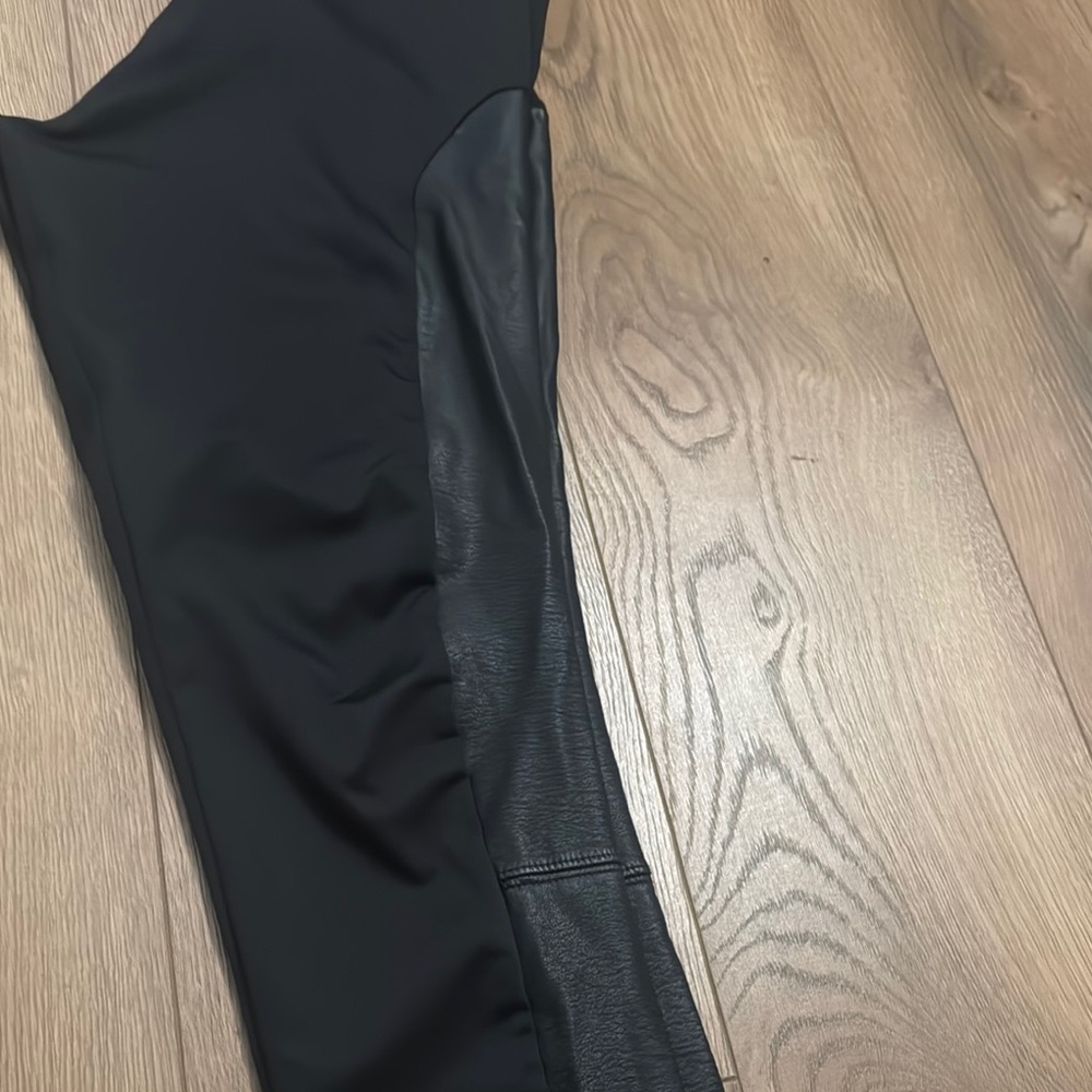 Women’s Black Leggings with Faux Leather Detail - Picture 3 of 4